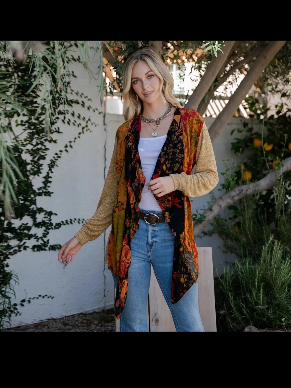 Floral Open-Front Cardigan Sweater - Mustard Multi
